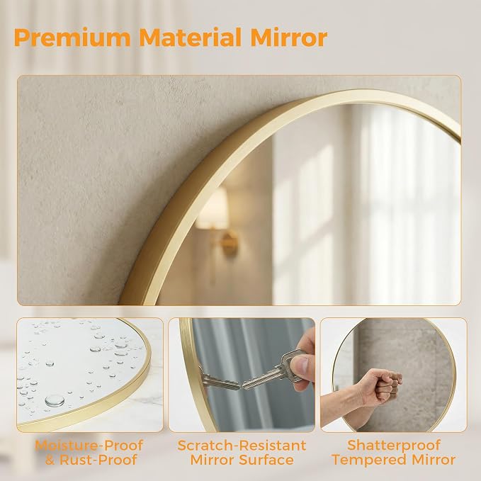 Sweetcrispy Round Bathroom Mirror for Over Sink, 20 Inch Wall Mounted Vanity Mirror with Matte Metal Frame, Decor for Bathroom, Entryway, Bedroom, Gold