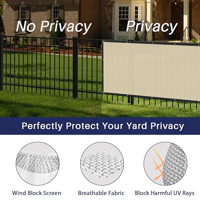 Windscreen4less Privacy Fence Screen Heavy Duty Windscreen Fencing Mesh Fabric Shade Net Cover with Brass Grommtes for Outdoor Wall Garden Yard Pool Deck, 6'x179' Beige