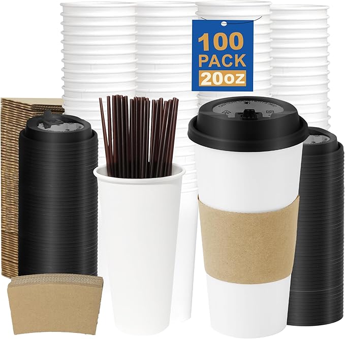 Coolcap 20 oz 100 Pack Coffee Cups with Lids and Sleeves, Straws, Hot Disposable To Go Travel Paper Cups Bulk for Office, Home Coffee Bar Accessories, Chocolate, Cocoa, Beverage (White)