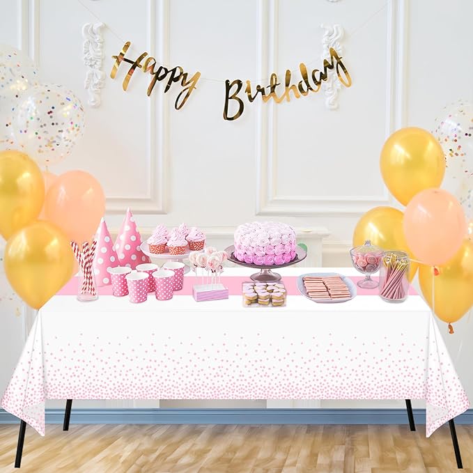 WNINK 4 Pack White and Light Pink Tablecloths, Light Pink Disposable Plastic Waterproof Table Cover, 54" x 108", for Birthday, Baby Shower，Wedding, Bridal Shower, Picnic Camping Parties
