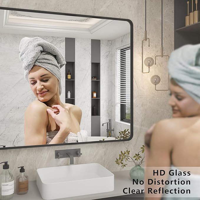 48x30 Inch Black Framed Mirror for Wall, Matte Black Bathroom Rectangle Mirror, Rounded Corner, Anti-Rust, Shatterproof (Horizontal/Vertical)