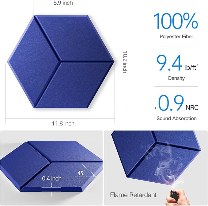 16 Pack Self-adhesive Acoustic Panels 12" X 10" X 0.4" - Sound Proof Foam Panels for wall with High Density, Y-Lined Design, Flame Resistant, Absorb Noise and Eliminate Echoe(Telecom Blue)