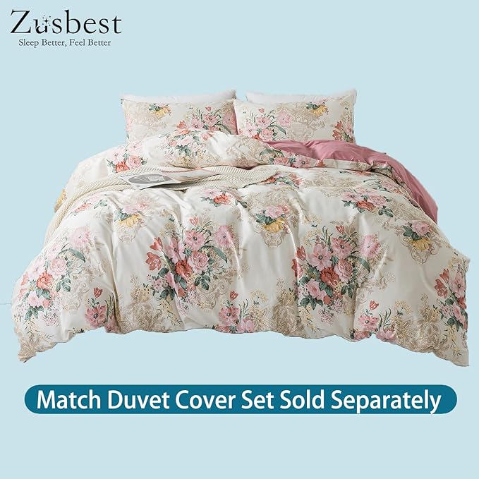 Zusbest- California Sheets, Soft 100% Cotton Pink & Cream Floral Bed Sheet Set Shabby Vintage Chic Peony Flower Printed, Breathable Luxury Toile Bedding 4 Piece Deep Pocket Sheets Cal King