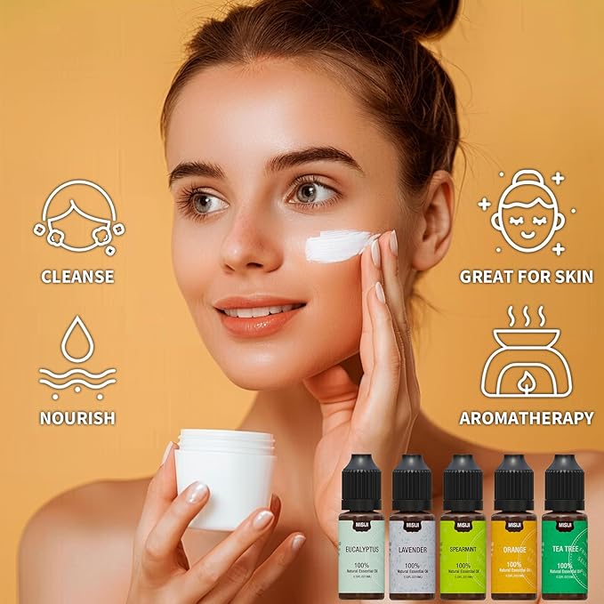 MISIJI Essential Oils for Diffuser for Home, Top 5 Aromatherapy Oils,Candle&Soap Making,10ml（Orange, Lavender, Peppermint, Eucalyptus, Tea Tree）