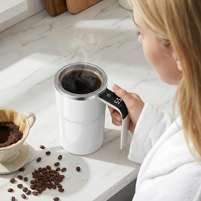 Automatic Magnetic Stirring Coffee Mug with Temperature Display, Rechargeable Self Stirring Mug, Portable Coffee Mug for Home Office Travel (White)
