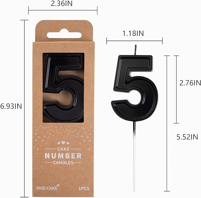 PHD CAKE 2.76 Inch Luxe Black 5 Number Birthday Candles, Black Number Candles, Cake Number Candles, Party Celebration