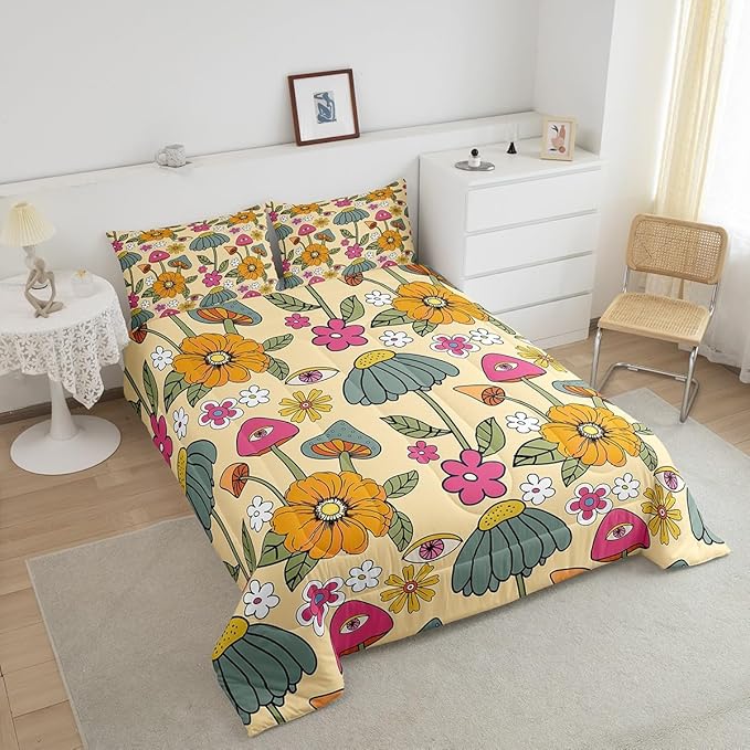 Castle Fairy 70s Retro Floral Bedding Comforters King Size,Hippie Flowers Leaves Comforter Set for Children Xmas Gift,Cartoon Eyes Mushroom Quilt Set Bedroom Decor, 2 Pillowcases