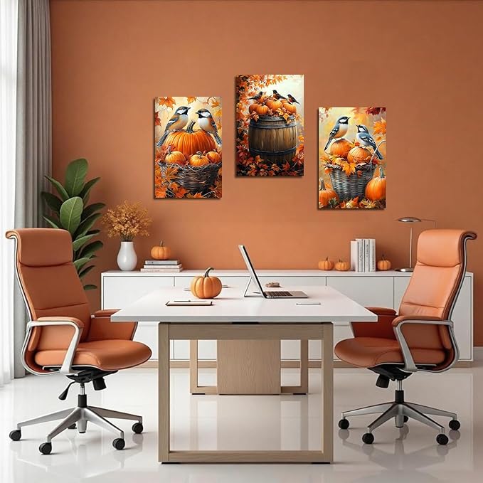 YMXDYMJSW Autumn Wall Art 3 Pieces Pumpkin with Sparrows Picture Prints Fall Harvest Birds Canvas Painting Thanksgiving Theme Artwork for Farmhouse Decor Frame (Yellow,24.00" x 36.00" x 3PCS)