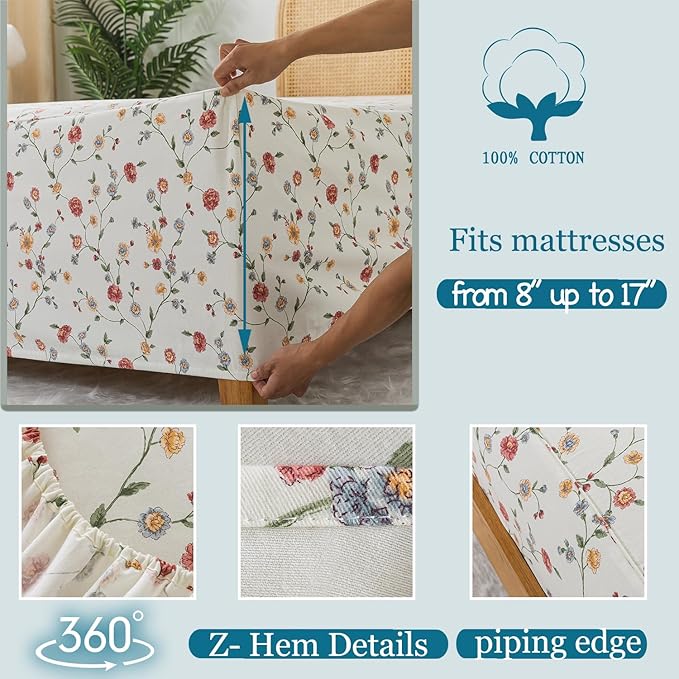 Zusbest Full Size Sheets 100% Percale Cotton Off White Floral Bed Sheet, Brushed for Extra Softness, Breathable Luxury Flannel Sheets Like Pink Flower Print Deep Pocket Bed Set 17.5'' 4 Pcs