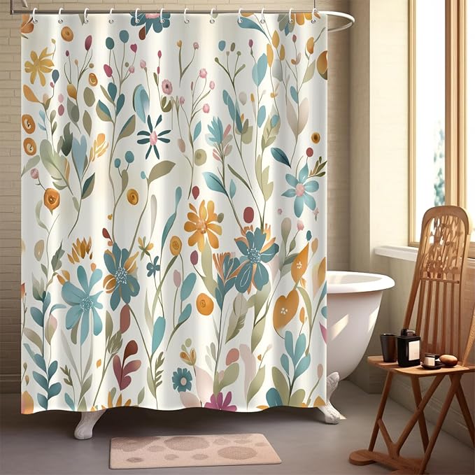 Colorful Floral Shower Curtain, Wildflower Plant Leaves Cute Flower Spring Herbs Waterproof Fabric Machine Washable for Bathroom Bathtub Decor with Hooks 60Wx72H