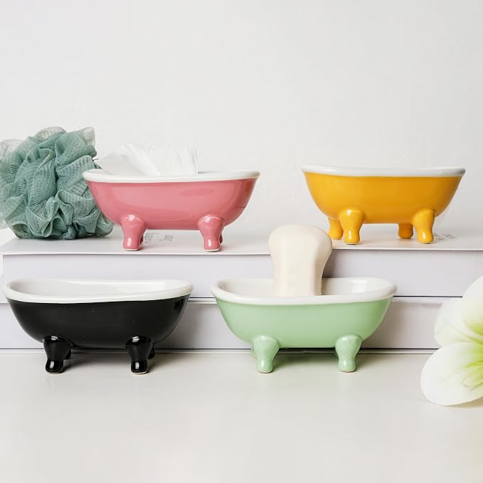 5.7" Ceramic Mini Clawfoot Bathtub Bar Soap Dish, Decorative Bar Soap Holder for Shower, Bathroom & Kitchen Sink (Pink)