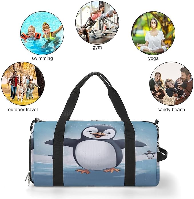 Oxford Cloth Happy Penguin Gym Bag,Duffle Bag with Shoes Compartment And Adjustable Shoulder Straps，Weekender Bags for Men Women.