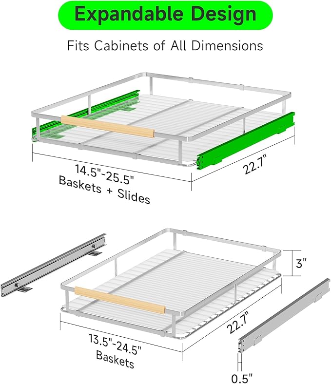 SOFRON Expandable Pull Out Drawers for Cabinets, Kitchen Cabinet Slide Out Shelves, Adjustable Roll Out Drawers, Stainless Steel, Large 2 Pack, (14.5"-25.5") Cabinet Width x 22.7" Depth