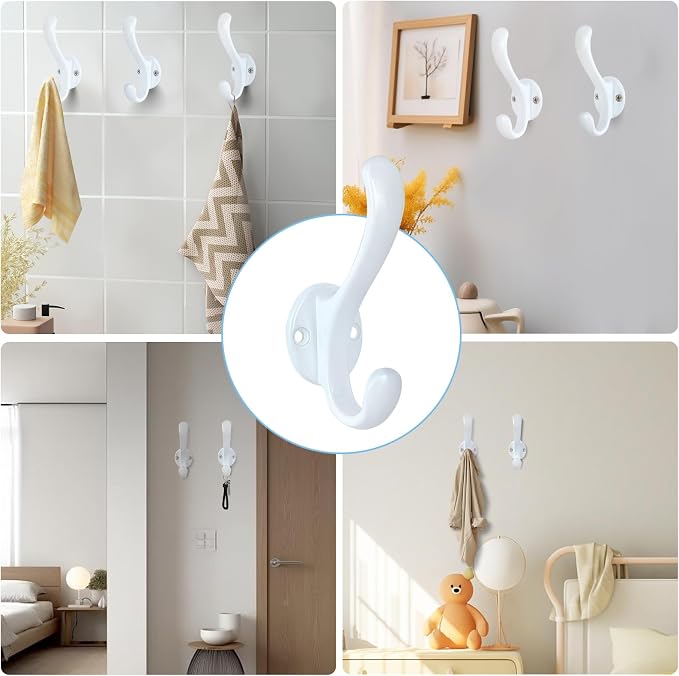 10 Pack Coat Hooks Wall Mount Heavy Duty Utility Retro Double Hooks for Hanging Coats,Hat, Towel, Key, Robe, Scarf, Bag, Cap (White)