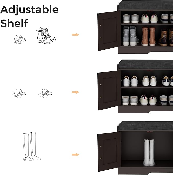 2-Tier Storage Bench, Shoe Bench with Thickened Padded Seat Cushion, Entryway Bench with 4 Doors, Adjustable Shelf, 13.8" D x 45.3" W x 18.5" H, for Entryway, Living Room, Bedroom, Brown