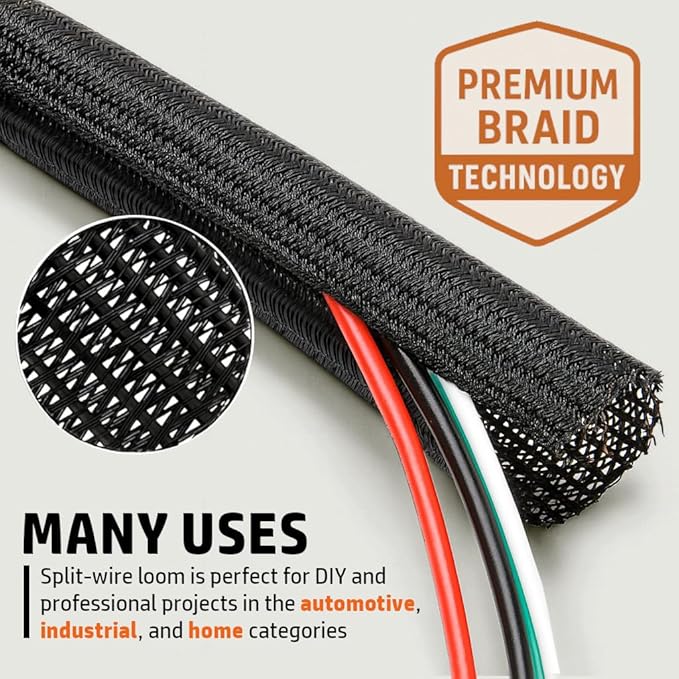 MGI SpeedWare Braided Split-Sleeve Wire Loom for High-Temperature Automotive Harness and Home Cable Management 10 feet (1/2")
