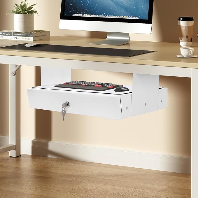 LEYSRIS 19.78" Under Desk Storage Drawer, Locking Design White Sliding Pull-Out Drawer for Sit Stand Workstation