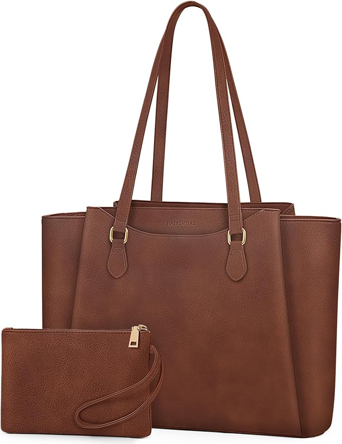 RAINSMORE Laptop Bag for Women 15.6 Inch Work Tote Bags Waterproof Computer Bags Leather Professional Laptop Purse Womens Laptop Briefcase Large Handbag for Office Teacher Travel, Retro Brown