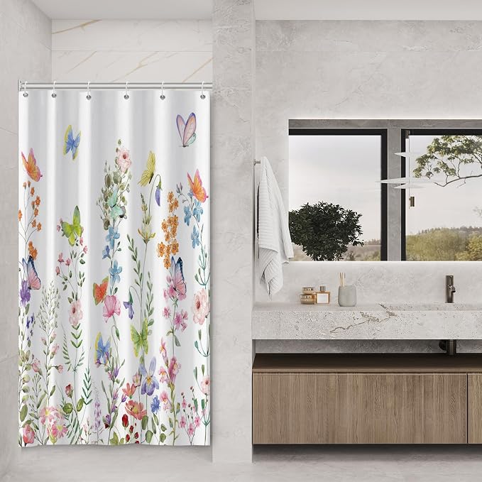 Spring Floral Butterfly Shower Curtain Summer Colorful Wildflowers Botanical Shower Curtain for Rustic Vintage Bathroom Decor Easter Shower Curtain Set 54x78 Inches