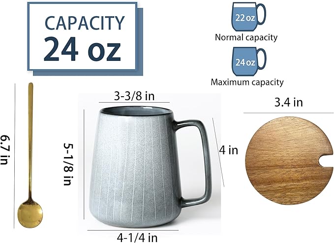 HYTYSKAR 24 OZ Extra Large Ceramic Coffee Mug, with Spoon and Wooden Lid, Big Tea Cups with a Large Handle for Office and Home, Microwave and Dishwasher Safe (24 oz Grey Set)