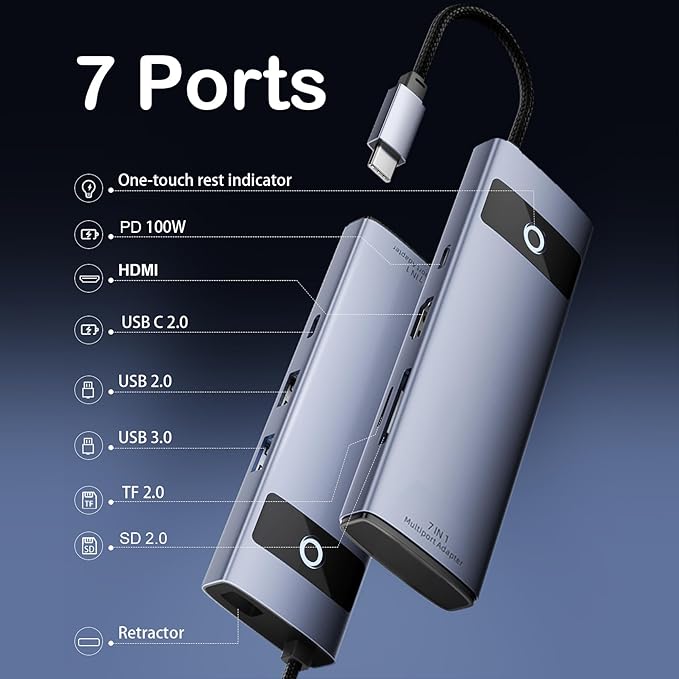 DiamondTiger 7-in-1 USB C Hub,4K 30Hz HDMI Adapter, USB-C Docking Station with 100W PD,TF/MicroSD Card Reader,USB-A 2.0,3.0,Type-C 3.0 Ports,Compatible with MacBook Pro/Air,iPad,iPhone15/Pro Max