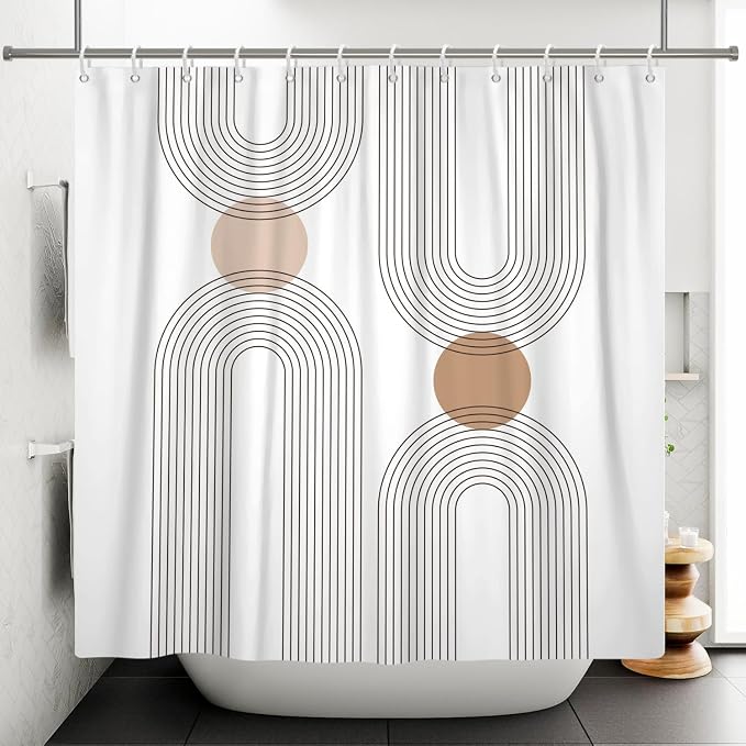 Mid Century Shower Curtain for Bathroom, Boho Sun Rainbow Modern Minimalist Geometric Shower Curtain, Abstract Arch Lines Modern Aesthetic Bathroom Decor Curtain Sets 48x72 inch