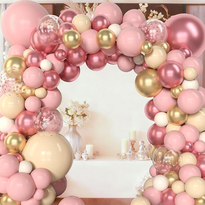 Amandir 153Pcs Boho Blush Balloon Garland Arch Kit, Double-Stuffed Nude Cream Peach Dusty Rose Pink Gold Confetti Metallic Balloon for Baby Shower Birthday Party Wedding Decorations