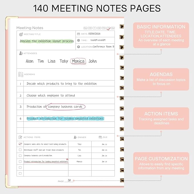 EMSHOI Meeting Notebook for Work - A5 Half Meeting Half Note Planner, 140 Pages, 100GSM Thick Paper, Hardcover, Project Organizer for Women Men Office, Business, Note Taking, 6"x8.3" - Pink
