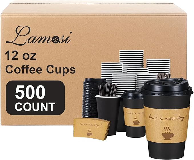 Lamosi 12 OZ Coffee Cups with Lids 500 Pack, Disposable Paper Hot Cups with Lids, Stir Sticks and Sleeves for TO GO Drinks and Hot Beverages