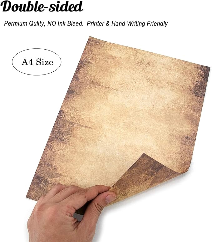 CenterZ 60 Sheets 6 Style Antique Stationary Paper, 8.3 x 11.2 inch A4 Size 100gsm Kraft Double-side Printable Old Aged Vintage Letter Writing Stationery Set for Classic Letters, Poems, Lyrics, Notes