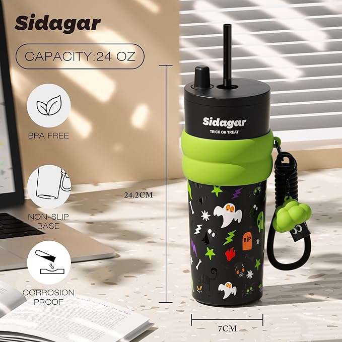 24 oz Tumbler with Lid and Straw, Insulated Coffee Mug Leak Proof, Portable Iced Travel Water Bottle, Reusable Thermal Coffee Cup, Gift for Women, Halloween