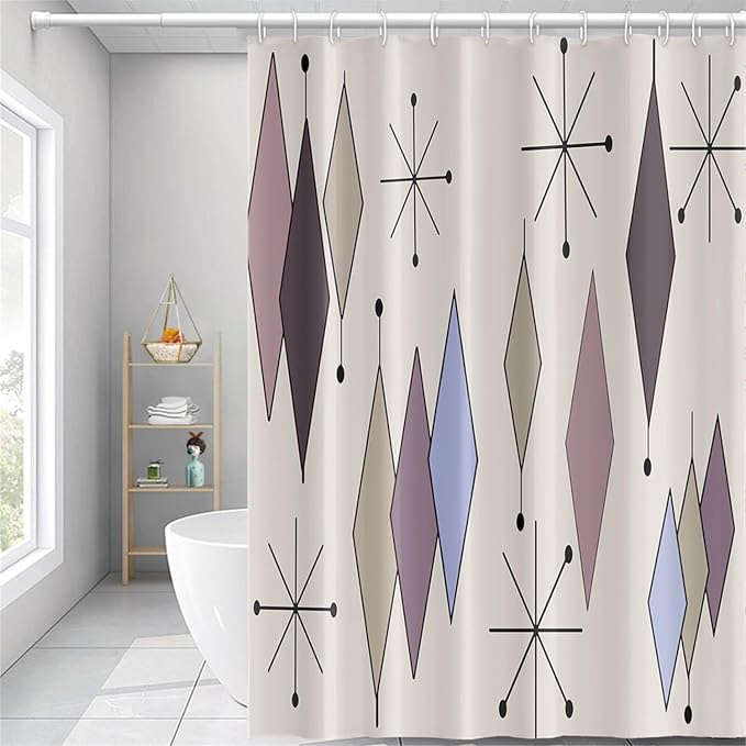 Mid Century Shower Curtain Abstract Purple Diamond Geometric Atomic Starburst Pattern Beige Backdrop for 1950s Retro Bathroom Decor Accessories Shower Curtain Set with 12 Hooks, 72x96 Inches