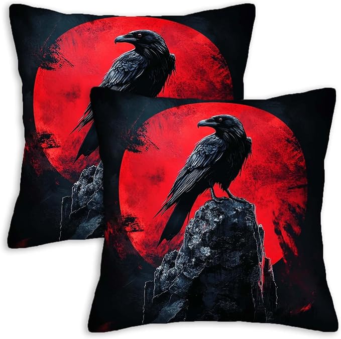 Raven Throw Pillow Covers Set of 2 | 18x18 Inches Cushion Cases for Couch, Sofa, Bedroom and Living Room | Gothic Pillowcases for Home Decoration