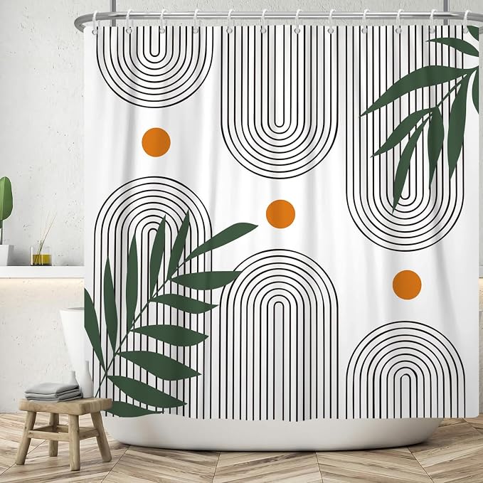 Boho Mid Century Shower Curtain Bohemian Minimalist Geometric Arch Sun Bathroom Curtain Sage Green Plant Polyester Shower Curtain Sets for Bathroom Extra Long 60x72 in with 10 Hooks