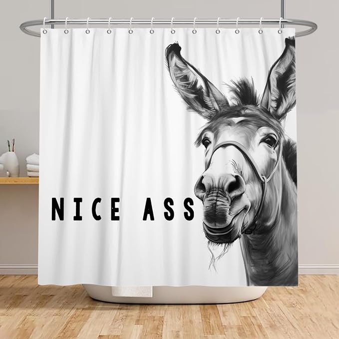 Funny Donkey Shower Curtains Joke Hilarious Animal Bathroom Curtain Rustic Farmhouse Cute Donkey White Shower Curtain Sets for Bathroom Extra Long 72x108 in with 12 Hooks