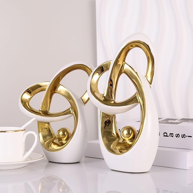 White Gold Modern Abstract Art Home Decor Accent,Statues Coffee Table Decor for Living Room,Table Centerpieces for Dining Room,Ceramic Sculptures and Gold Knick Knacks for TV Stand Decor
