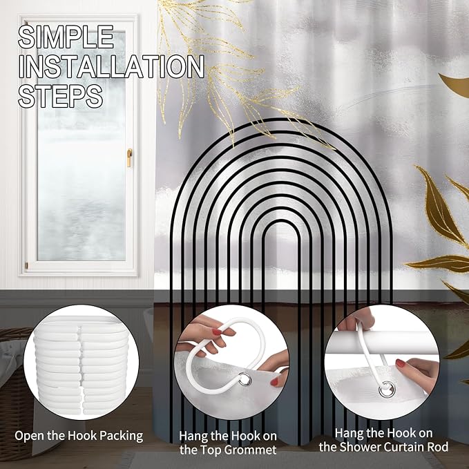 Mid Century Boho Shower Curtain Abstract Modern Minimalist Geometric Arch Bathroom Curtain Gold Leaves Aesthetic Waterproof Bath Decor Polyester Fabric with Hooks 72x78 inch