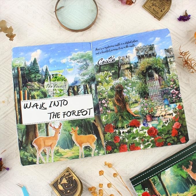 Dwpetzo Forest Woodland Castle Scenery Sticker Book for Journaling, 20 Sheets Precut PET Washi Materials Ephemera Stickers for Junk Journal Supplies, Scrapbooking, DIY Crafts Arts