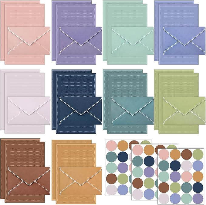 TaoBary 160 Packs Stationery Paper Set (50 Double Sided Stationery Writing Papers 50 Matching Envelopes) 60 Round Dot Sticker, 10 Design (Morandi Color)