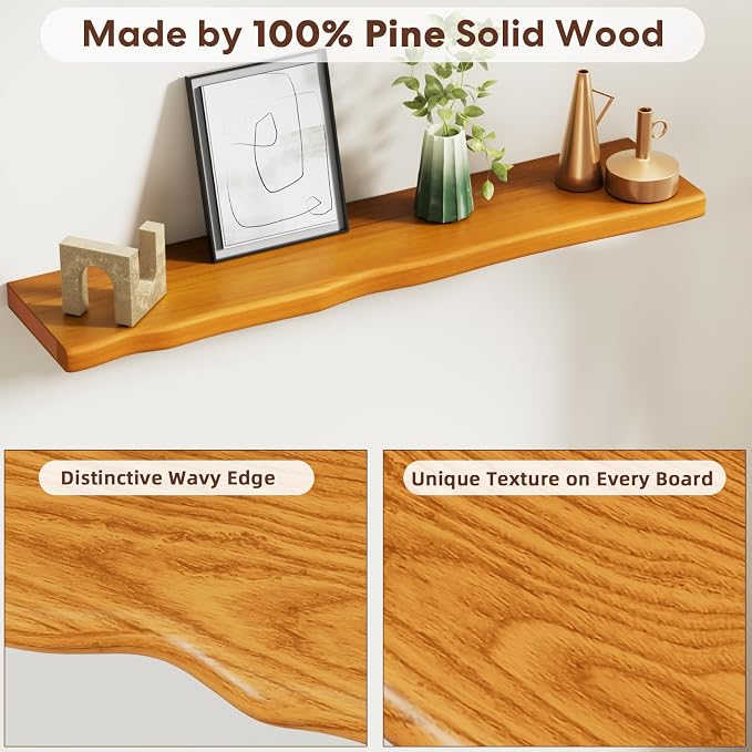 Solid Wood Live Edge Floating Shelves Set of 2 – 36" Rustic Wall Shelf with Hidden Bracket System, Wall Mounted Shelves for Bathroom, Kitchen, Living Room, Bedroom (Honey Walnut)