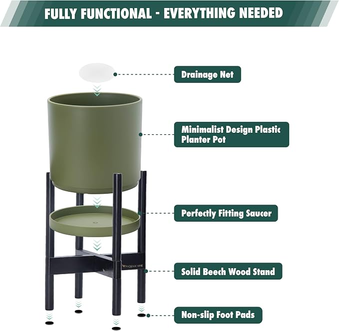D'vine Dev Planter Pot with Stand - 12 Inch Plastic Cylinder Flower Pot with Wood Planter Holder for Indoor, Olive Pot + Ebony Stand, 55-C-Q-3