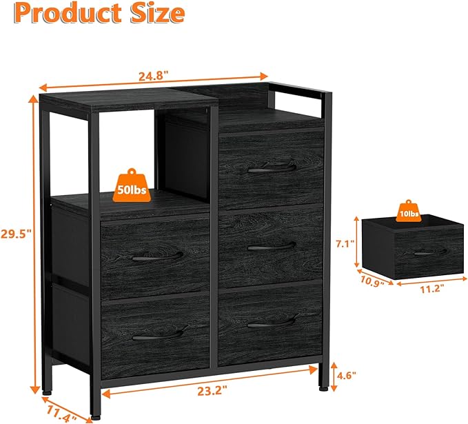 Furnulem 5 Drawer Black Dressers for Bedroom 2 Tier Shelf Storage Small Fabric Dresser for Closet Sturdy Metal Frame Modern Style Storage Cabinets Organization Units for Hallway Rooms