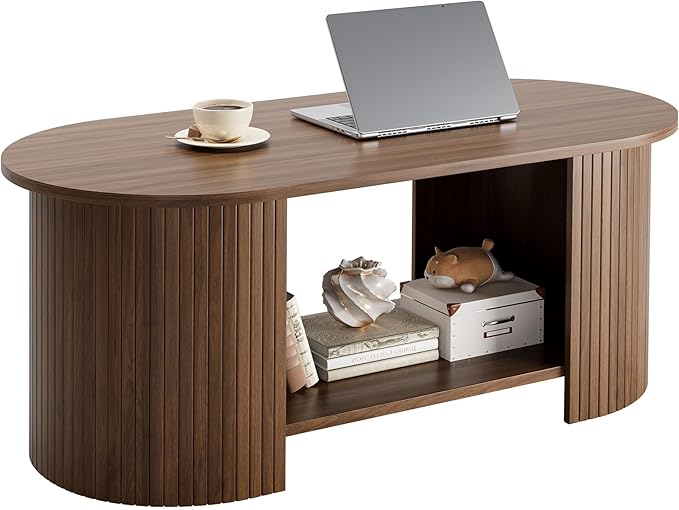 OneBlis Oval Fluted Coffee Table, 2-Tier Center Table with Large Storage, Mid-Century Modern Wood Coffees Table for Living Room, Home Office, Small Space, Walnut