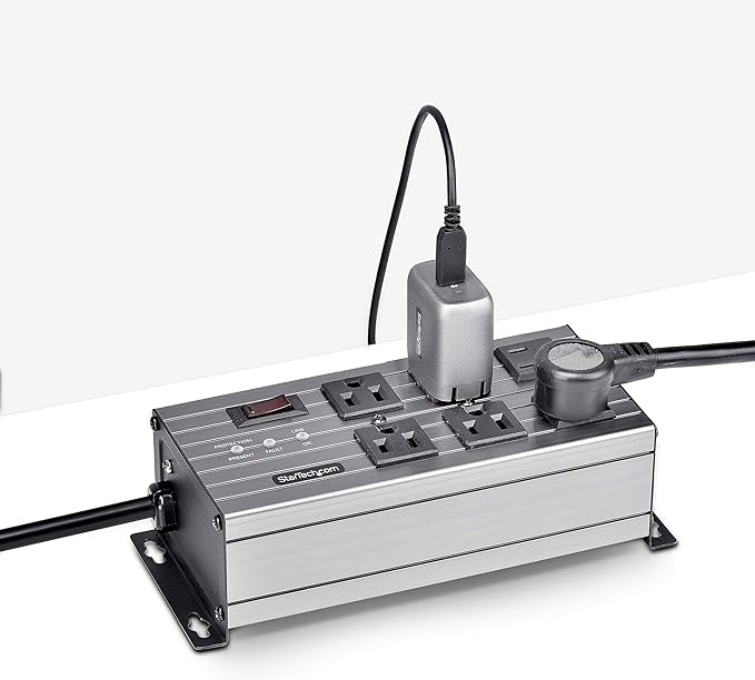 StarTech.com Flat Plug 6-Outlet Heavy Duty Industrial Power Strip 125V/15A with Surge Protector, EMI/RFI Isolation, Mountable PDU, 8ft/2.4m Extension Power Cord, NEMA 5-15P/R, TAA