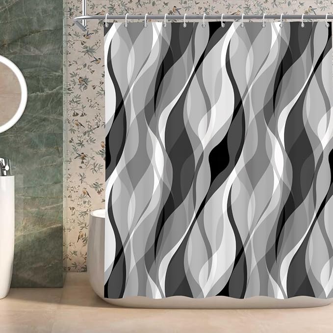 Grey Shower Curtains Black and White Modern Abstract Striped Bathroom Curtain Minimalist Geometric Polyester Shower Curtain Sets for Bathroom Extra Long 72x84 in with 12 Hooks