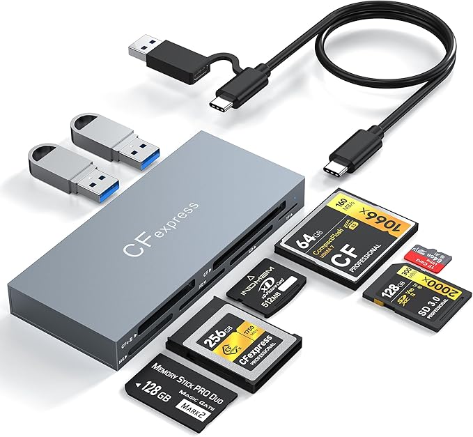 8-in-1 CFexpress Type B Card Reader, USB-C & USB-A Multi Memory Card Reader Adapter with Dual 10Gbps USB3.2 Ports for Type B CFexpress/CF/XD/MS/TF/SD, Compatible with Windows/Mac OS/Linux/Android,Grey