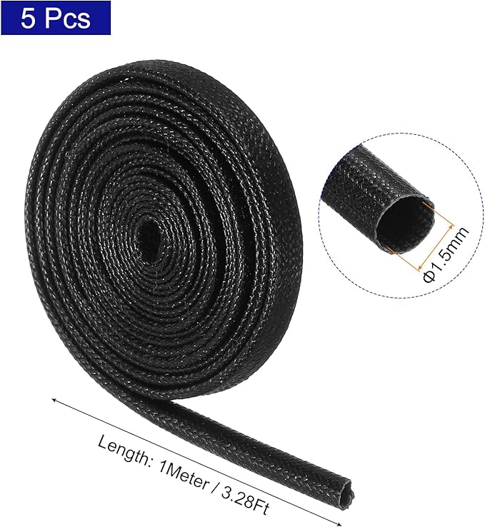 MECCANIXITY 5Pcs Wire Insulation Braid Fire Sleeve,3.28Ft-1.5mm ID Black, High Temp Silicone Coated Fiberglass Sleeving for Automotive Hose Lines Electrical Wiring