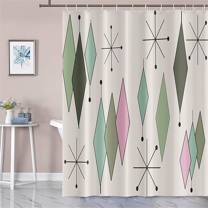 Mid Century Shower Curtain Modern Abstract Green Pink Diamond Geometric Atomic Starburst Pattern for 1950s Retro Bathroom Decor Accessories Shower Curtain Set with 12 Hooks, 72x96 Inches