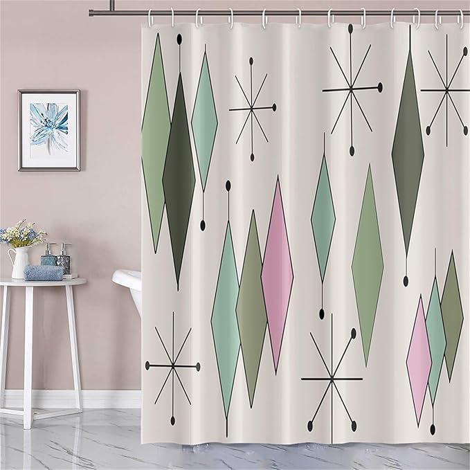 Mid Century Shower Curtain Modern Abstract Green Pink Diamond Geometric Atomic Starburst Pattern for 1950s Retro Bathroom Decor Accessories Shower Curtain Set with 12 Hooks, 69x70 Inches