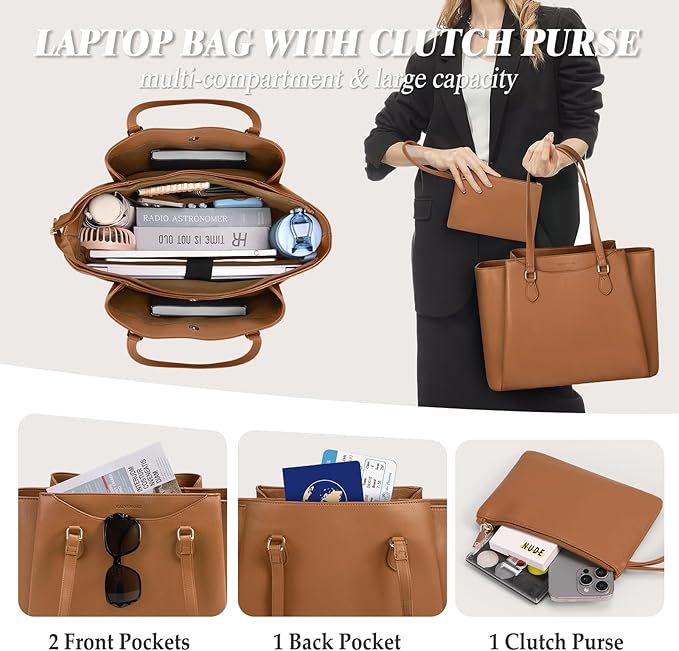 RAINSMORE Laptop Bag for Women 15.6 Inch Work Tote Bags Waterproof Computer Bags Leather Professional Laptop Purse Womens Laptop Briefcase Large Handbag for Office Teacher Travel, Brown